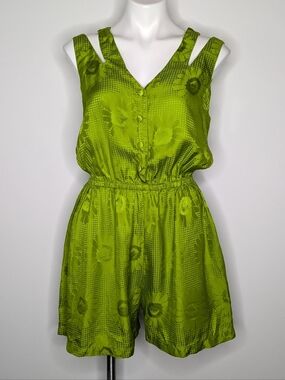 Vintage Hartman Intimates Green Floral Satin Silk Button Up Romper M
